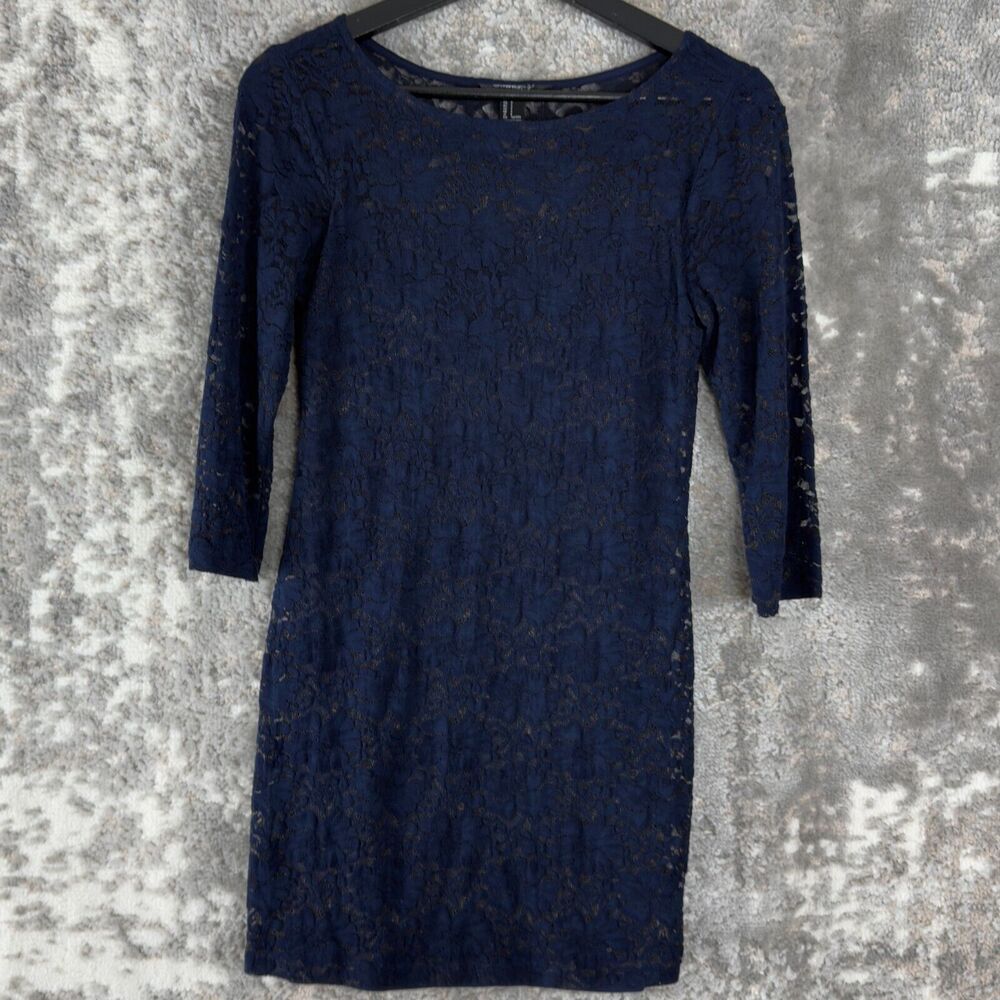 Forever 21 Size S Floral‎ Lace 3/4 Sleeve Mini Sheath Dress Navy Lined Pullover